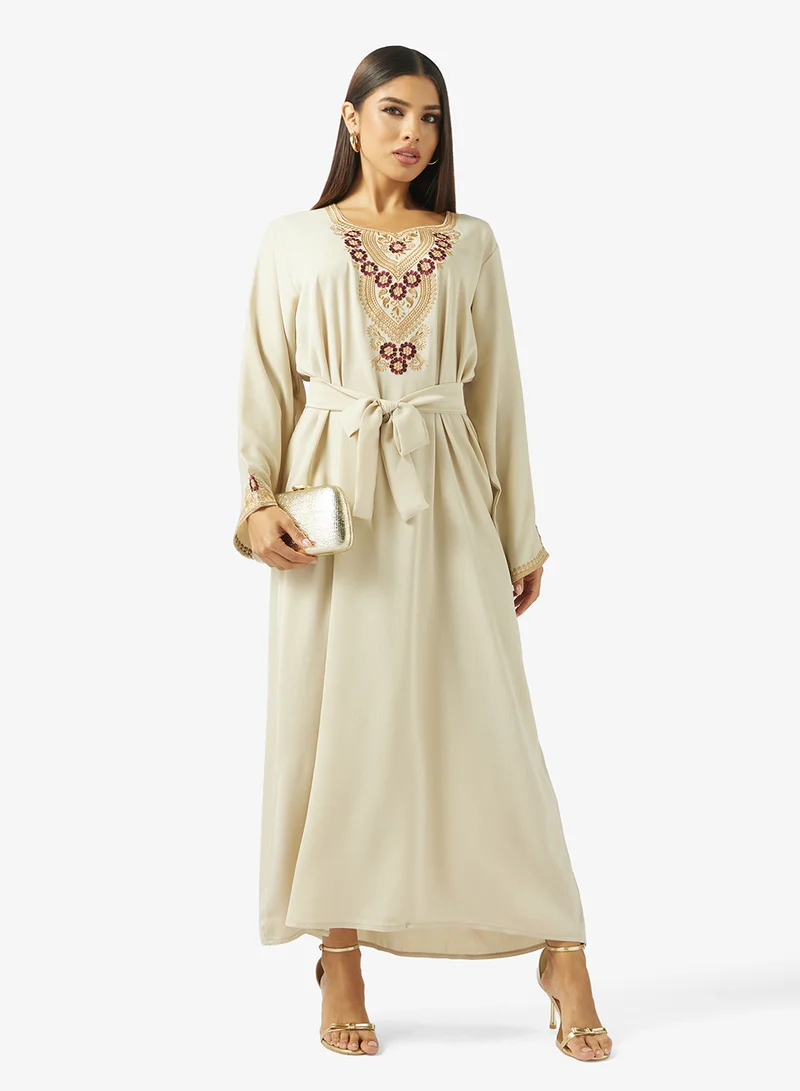 hayas closet Floral Embroidery Work At Front Section And Belt Jalabiya